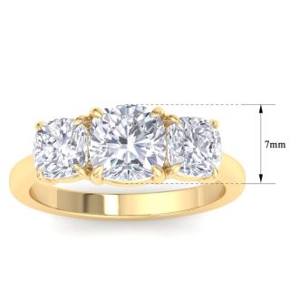 4 Carat Cushion Cut Lab Grown Diamond Three Stone Engagement Ring In 14K Yellow Gold