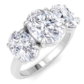 4 Carat Oval Shape Lab Grown Diamond Three Stone Engagement Ring In 14K White Gold