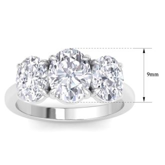 4 Carat Oval Shape Lab Grown Diamond Three Stone Engagement Ring In 14K White Gold