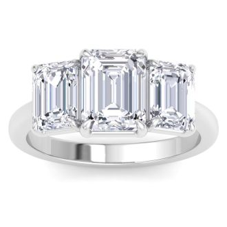 4 Carat Emerald Cut Lab Grown Diamond Three Stone Engagement Ring In 14K White Gold