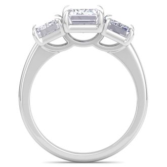 4 Carat Emerald Cut Lab Grown Diamond Three Stone Engagement Ring In 14K White Gold