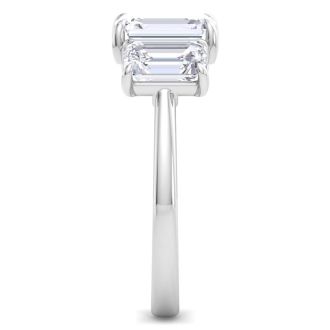 4 Carat Emerald Cut Lab Grown Diamond Three Stone Engagement Ring In 14K White Gold