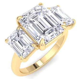 5 Carat Emerald Cut Lab Grown Diamond Three Stone Engagement Ring In 14K Yellow Gold