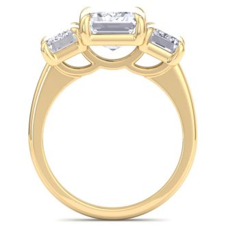 5 Carat Emerald Cut Lab Grown Diamond Three Stone Engagement Ring In 14K Yellow Gold