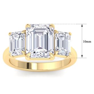 5 Carat Emerald Cut Lab Grown Diamond Three Stone Engagement Ring In 14K Yellow Gold
