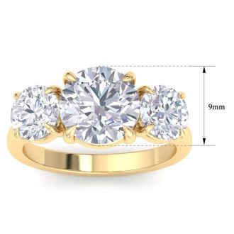 5 Carat Round Lab Grown Diamond Three Stone Engagement Ring In 14K Yellow Gold