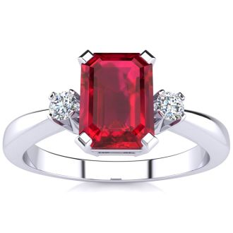 Ruby Ring: 2 1/2 Carat Octagon Shape Created Ruby and Diamond Ring In Sterling Silver