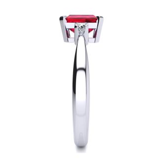 Ruby Ring: 2 1/2 Carat Octagon Shape Created Ruby and Diamond Ring In Sterling Silver