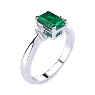 Emerald Ring: 2 1/2 Carat Octagon Shape Created Emerald and Diamond Ring In Sterling Silver