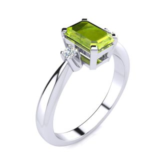 Peridot Ring: 2 1/2 Carat Octagon Shape Peridot and Diamond Ring In Sterling Silver