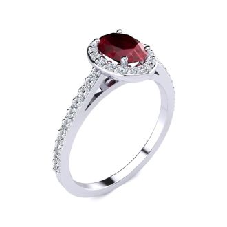 Ruby Ring: 1 Carat Oval Shape Created Ruby and Halo Diamond Ring In Sterling Silver