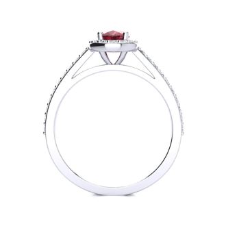 Ruby Ring: 1 Carat Oval Shape Created Ruby and Halo Diamond Ring In Sterling Silver