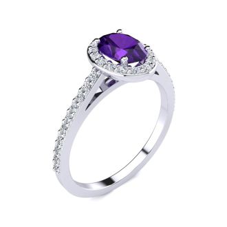 Amethyst Ring: 1 Carat Oval Shape Amethyst and Halo Diamond Ring In Sterling Silver