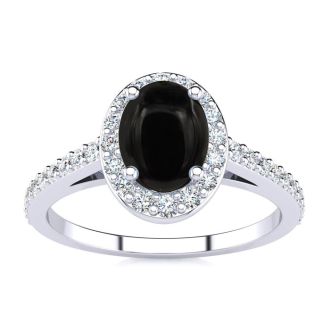 Black Onyx Ring: 1 Carat Oval Shape Black Onyx and Halo Diamond Ring In Sterling Silver
