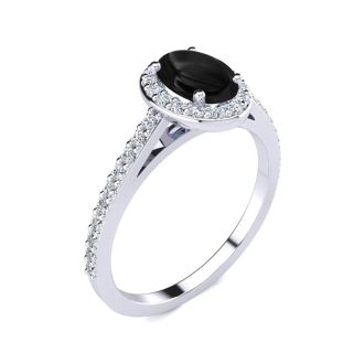 Black Onyx Ring: 1 Carat Oval Shape Black Onyx and Halo Diamond Ring In Sterling Silver