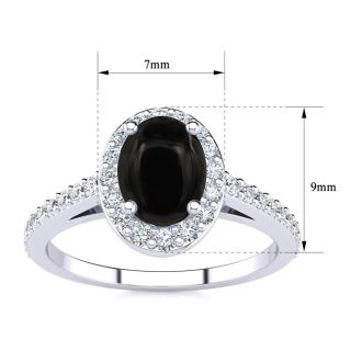 Black Onyx Ring: 1 Carat Oval Shape Black Onyx and Halo Diamond Ring In Sterling Silver