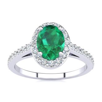 Emerald Ring: 1 Carat Oval Shape Created Emerald and Halo Diamond Ring In Sterling Silver