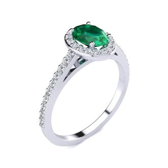 Emerald Ring: 1 Carat Oval Shape Created Emerald and Halo Diamond Ring In Sterling Silver