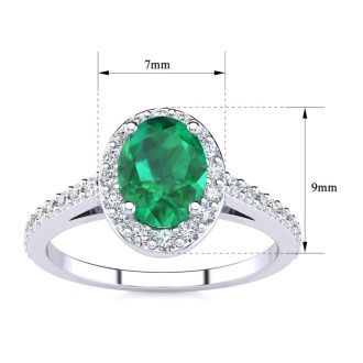 Emerald Ring: 1 Carat Oval Shape Created Emerald and Halo Diamond Ring In Sterling Silver