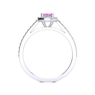 Pink Sapphire Ring: 1 Carat Oval Shape Created Pink Sapphire and Halo Diamond Ring In Sterling Silver