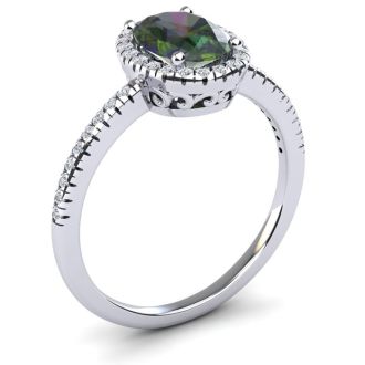 Mystic Topaz Ring: 1 1/2 Carat Oval Shape Mystic Topaz and Halo Diamond Ring In Sterling Silver