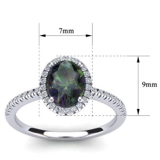 Mystic Topaz Ring: 1 1/2 Carat Oval Shape Mystic Topaz and Halo Diamond Ring In Sterling Silver