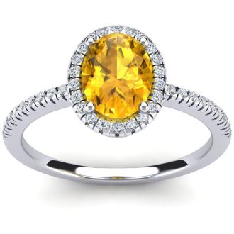 Citrine Ring: 1 1/2 Carat Oval Shape Citrine and Halo Diamond Ring In Sterling Silver