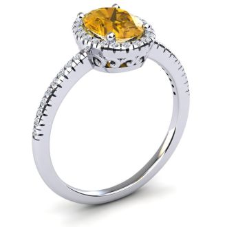 Citrine Ring: 1 1/2 Carat Oval Shape Citrine and Halo Diamond Ring In Sterling Silver