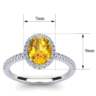 Citrine Ring: 1 1/2 Carat Oval Shape Citrine and Halo Diamond Ring In Sterling Silver