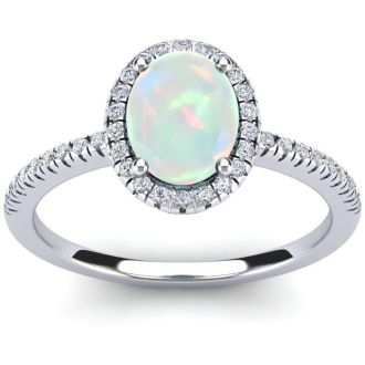 Opal Ring: 1 1/2 Carat Oval Shape Created Opal and Halo Diamond Ring In Sterling Silver