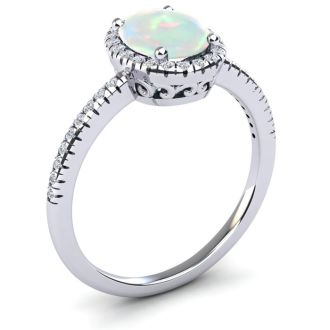 Opal Ring: 1 1/2 Carat Oval Shape Created Opal and Halo Diamond Ring In Sterling Silver