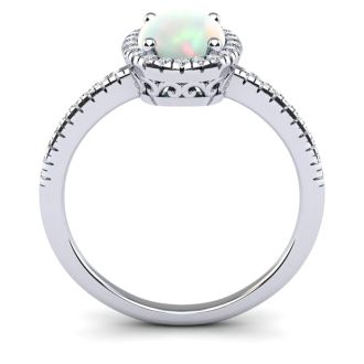 Opal Ring: 1 1/2 Carat Oval Shape Created Opal and Halo Diamond Ring In Sterling Silver