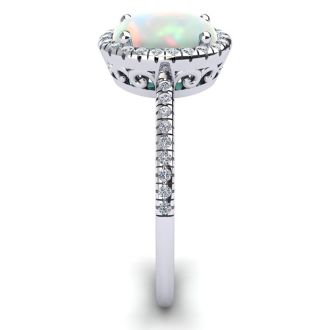 Opal Ring: 1 1/2 Carat Oval Shape Created Opal and Halo Diamond Ring In Sterling Silver