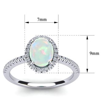 Opal Ring: 1 1/2 Carat Oval Shape Created Opal and Halo Diamond Ring In Sterling Silver