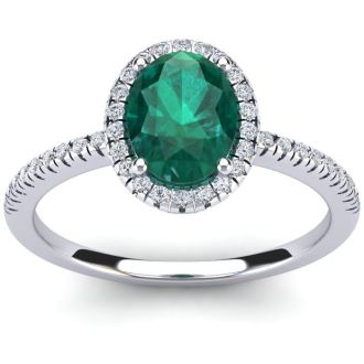 Emerald Ring: 1 1/2 Carat Oval Shape Created Emerald and Halo Diamond Ring In Sterling Silver