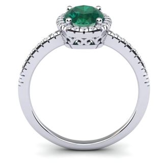 Emerald Ring: 1 1/2 Carat Oval Shape Created Emerald and Halo Diamond Ring In Sterling Silver