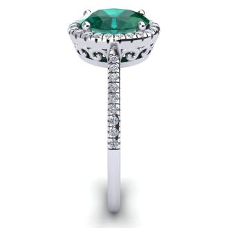 Emerald Ring: 1 1/2 Carat Oval Shape Created Emerald and Halo Diamond Ring In Sterling Silver