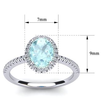 Aquamarine Ring: 1 1/2 Carat Oval Shape Aquamarine and Halo Diamond Ring In Sterling Silver