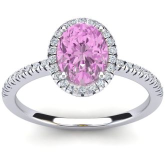 Pink Sapphire Ring: 1 1/2 Carat Oval Shape Created Pink Sapphire and Halo Diamond Ring In Sterling Silver