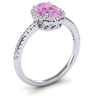 Pink Sapphire Ring: 1 1/2 Carat Oval Shape Created Pink Sapphire and Halo Diamond Ring In Sterling Silver