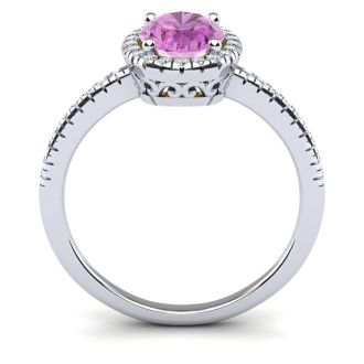 Pink Sapphire Ring: 1 1/2 Carat Oval Shape Created Pink Sapphire and Halo Diamond Ring In Sterling Silver