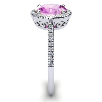 Pink Sapphire Ring: 1 1/2 Carat Oval Shape Created Pink Sapphire and Halo Diamond Ring In Sterling Silver