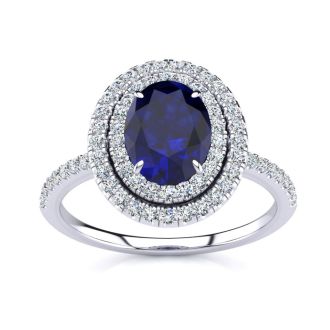 Sapphire Ring: 1 1/2 Carat Oval Shape Created Sapphire and Double Halo Diamond Ring In Sterling Silver