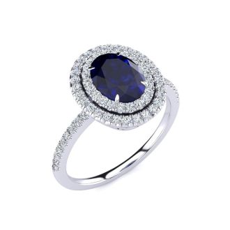 Sapphire Ring: 1 1/2 Carat Oval Shape Created Sapphire and Double Halo Diamond Ring In Sterling Silver