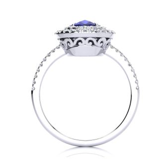 Sapphire Ring: 1 1/2 Carat Oval Shape Created Sapphire and Double Halo Diamond Ring In Sterling Silver