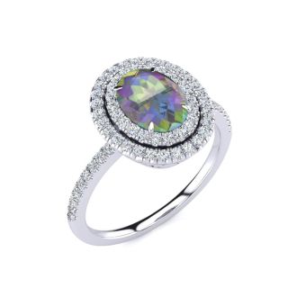 Mystic Topaz Ring: 1 1/2 Carat Oval Shape Mystic Topaz and Double Halo Diamond Ring In Sterling Silver