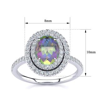 Mystic Topaz Ring: 1 1/2 Carat Oval Shape Mystic Topaz and Double Halo Diamond Ring In Sterling Silver