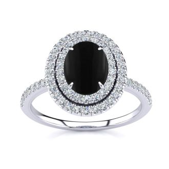 Black Onyx Ring: 1 1/2 Carat Oval Shape Black Onyx and Double Halo Diamond Ring In Sterling Silver