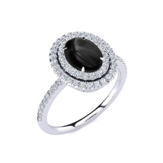 Black Onyx Ring: 1 1/2 Carat Oval Shape Black Onyx and Double Halo Diamond Ring In Sterling Silver