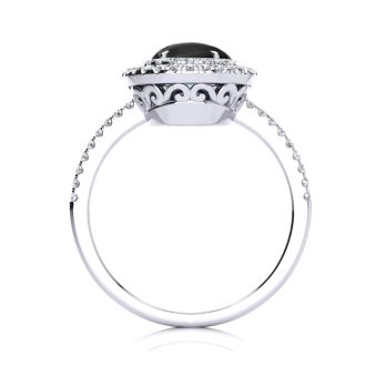 Black Onyx Ring: 1 1/2 Carat Oval Shape Black Onyx and Double Halo Diamond Ring In Sterling Silver
